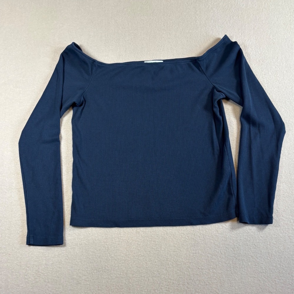 Marine Layer Womens Navy Blue Ribbed Off the Shoulder Long Sleeve Top Size L